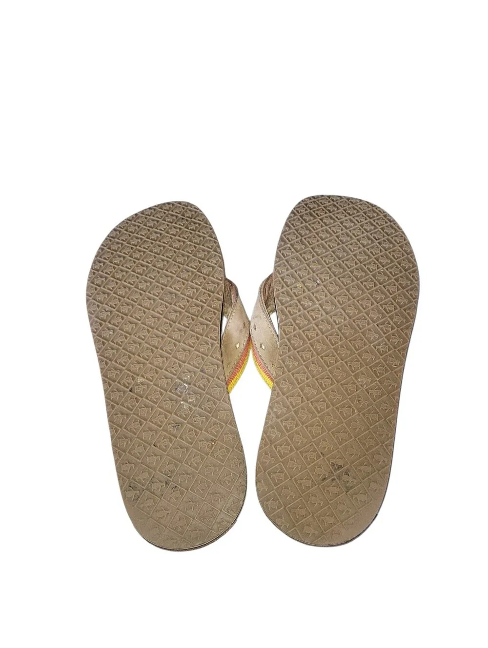 Penguin Men's Tan Leather Flip Flop Multi Colored Striped Rainbow Detail 13